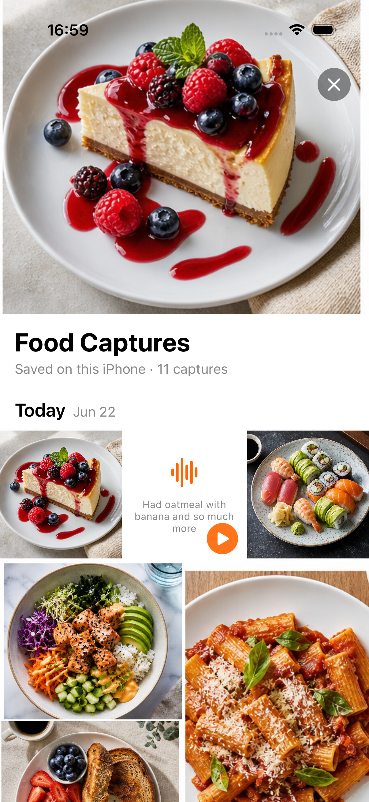 Food capture timeline with generated plated food photos
